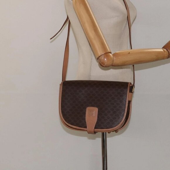 CELINE Macadam Canvas Shoulder Bag PVC Leather Brown Gold Auth - Picture 1 of 16